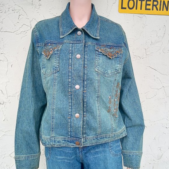 Blue Jean Jacket with Brown Sequins and Stitching - Picture 1 of 7